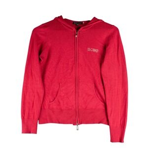 BCBG Maxazria Womens M‎ Red Rhinestone Logo Y2K Zip Up Hoodie Retro Bling